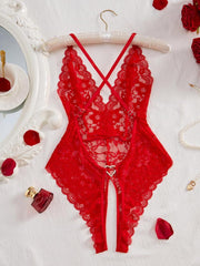 Women's Heart Rhinestone Decor Criss CrossBackless Sexy Lace Bodysuit