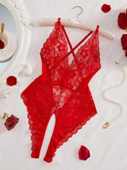 Women's Heart Rhinestone Decor Criss CrossBackless Sexy Lace Bodysuit