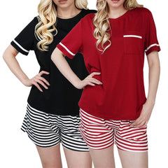 Two-Piece Comfy Women’s Pajama Set – Soft, Breathable Printed or Solid Tops with Adjustable Drawstring Shorts and Pockets