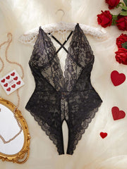 Women's Heart Rhinestone Decor Criss CrossBackless Sexy Lace Bodysuit