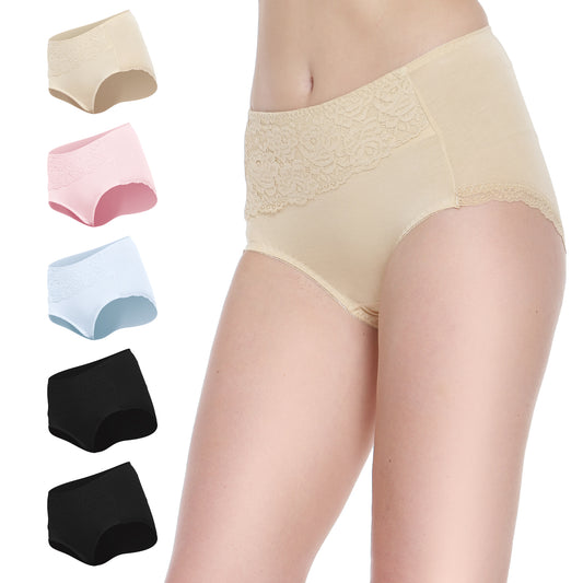 MANCYFIT | Womens High Waisted Underwear Cotton Lace Panties Soft Breathable Briefs 5 Pack