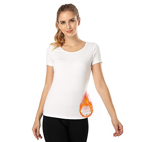 MANCYFIT Thermal Top for Women Fleece Lined Shirt Short Sleeve Base L