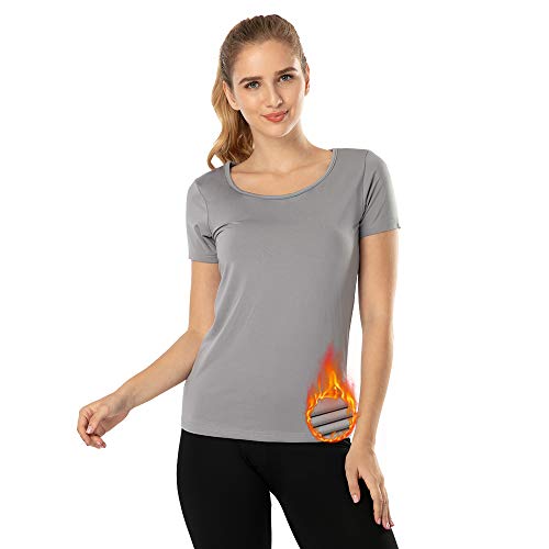 MANCYFIT Thermal Top for Women Fleece Lined Shirt Short Sleeve Base Layer Black X-Small
